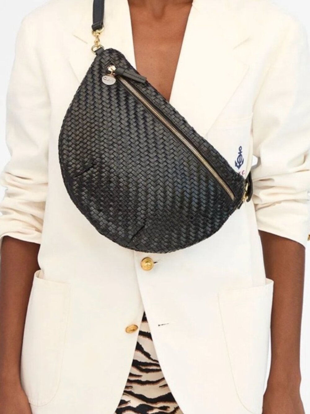LIKE NEW - Clare V. Grande Fanny Woven Black Crossbody bag zigzag pattern